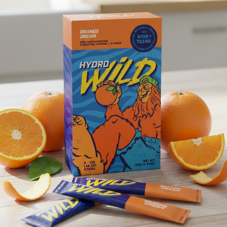 Hydro Wild supplement packaging with orange slices on a light surface