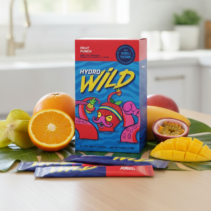 Hydro Wild fruit juice box with colorful packaging on a kitchen counter with fruits.